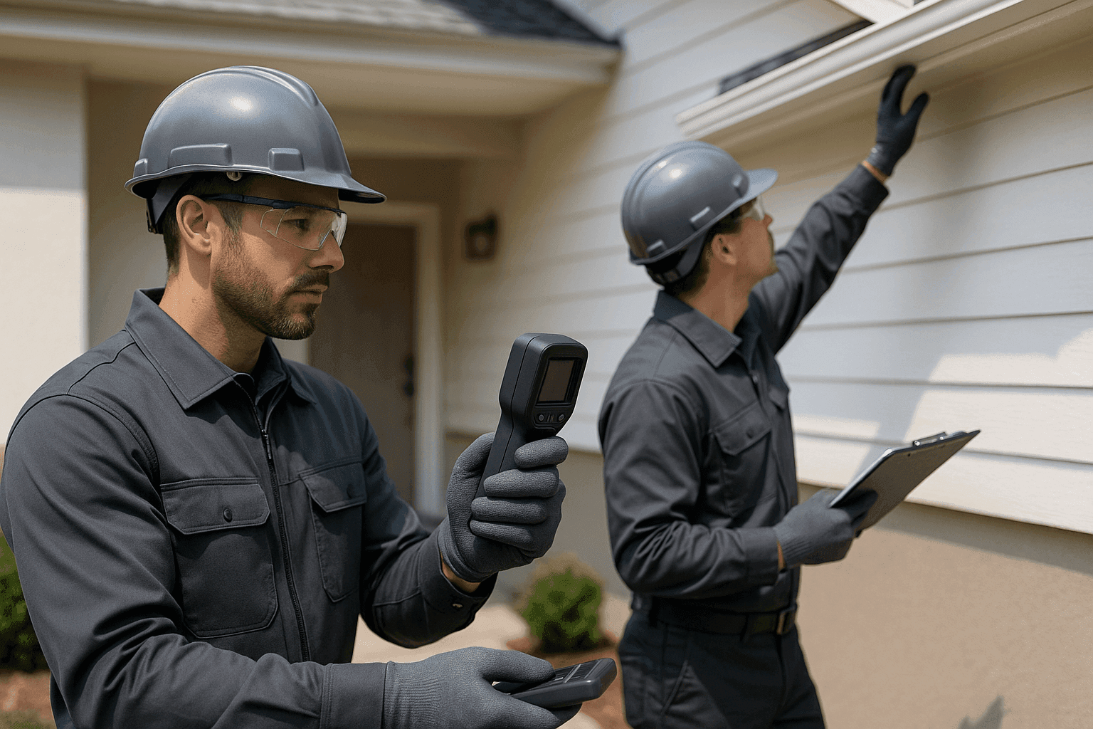 Two home inspectors in safety gear exaning a residential property's exterior roof and siding in Wilbraham