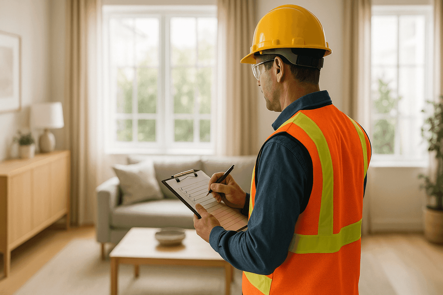 Home inspector reviewing checklist while examining a living room