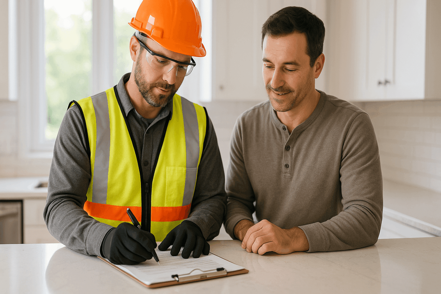 Inspector and homeowner reviewing pre-listing inspection notes in a bright kitchen