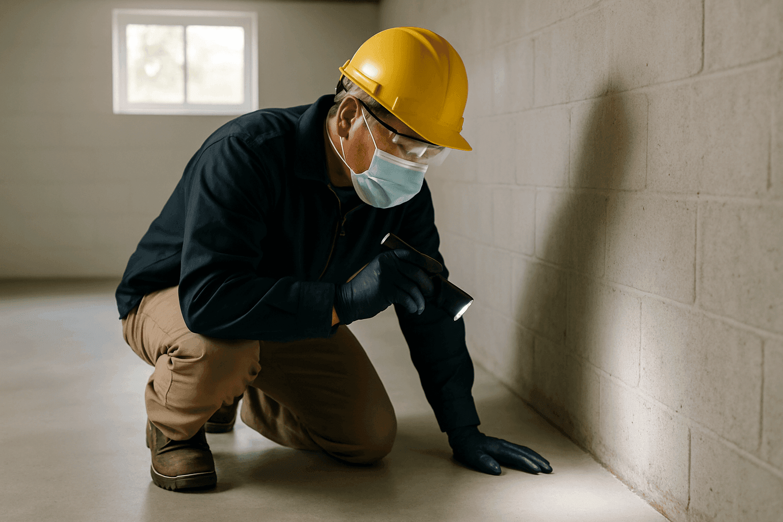 Inspector checking for mold in a dry, well-lit basement corner
